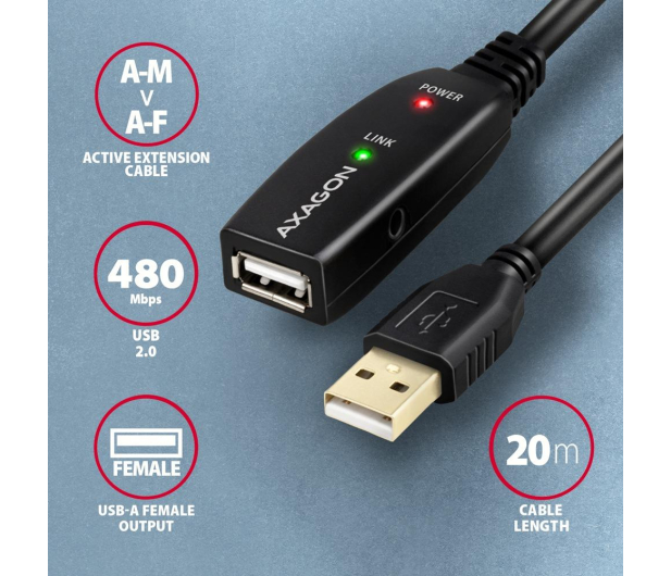 Axagon ADR-220, USB 2.0 A-M - A-F, repeater kabel, 20m - 1353399 - zdjęcie 2